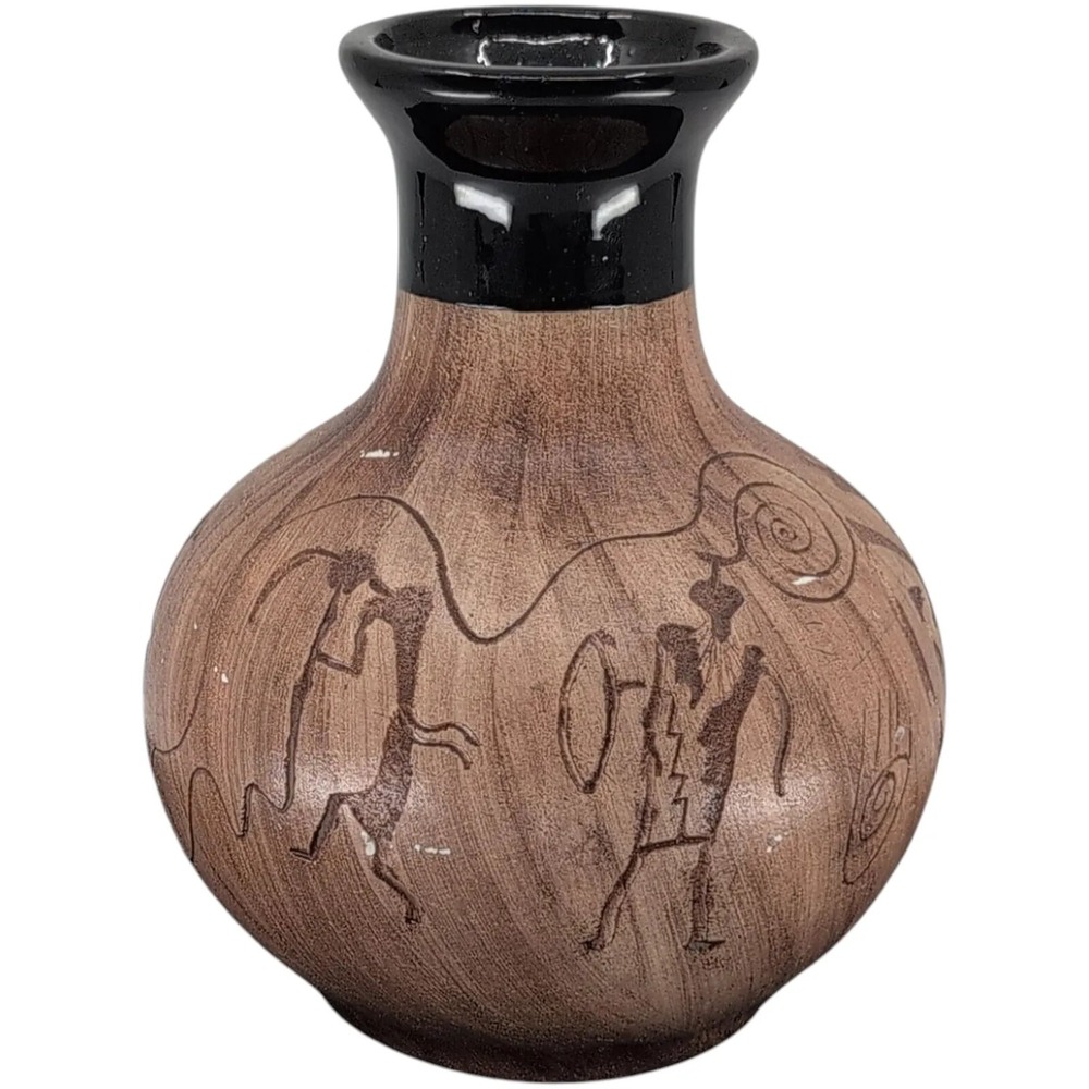 Signed Navajo Small Pottery Bud Vase Brown Black Petroglyph Turtles USA Decor 6"
